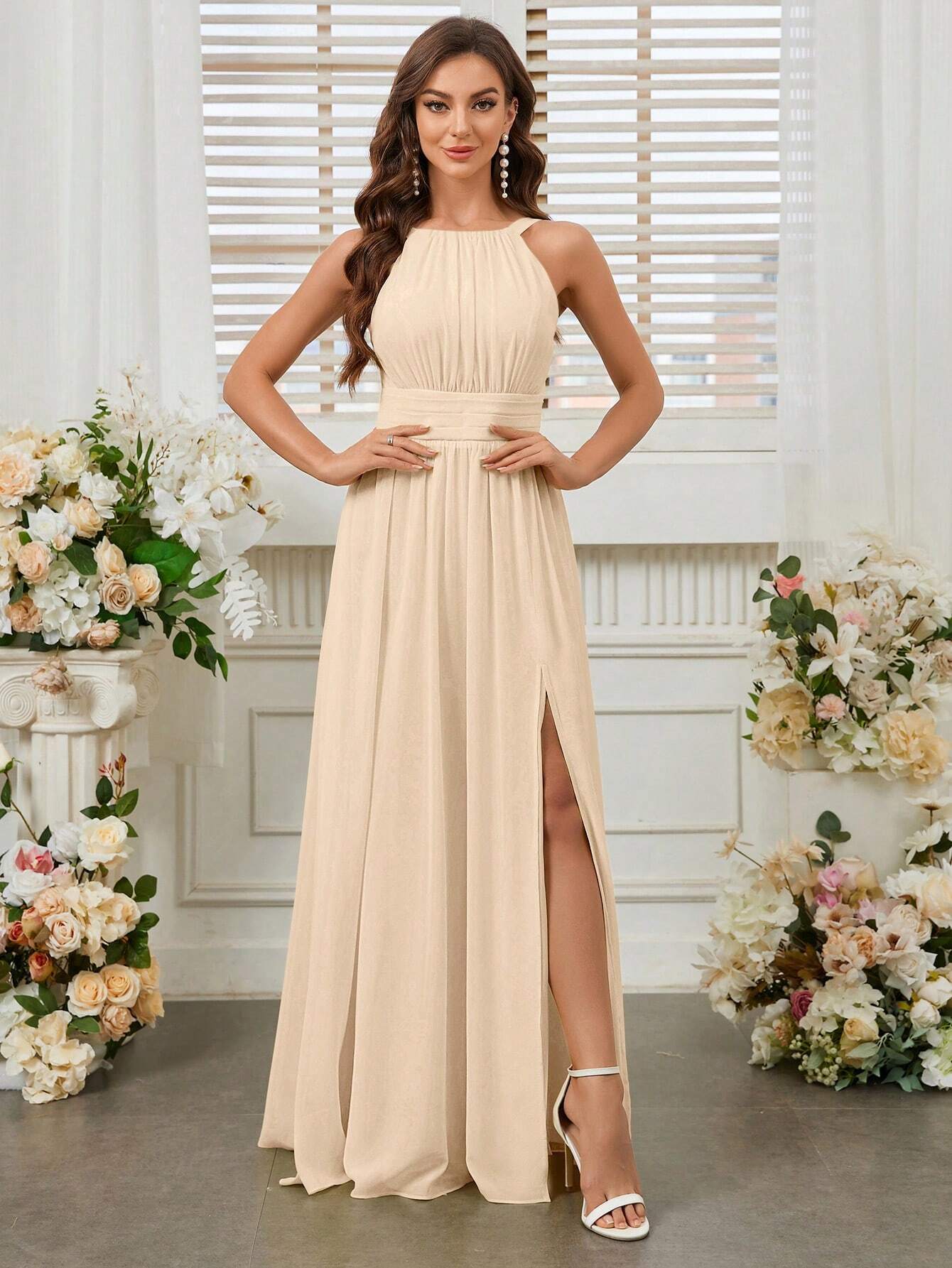 Belle Elegant Light Yellow Summer Chiffon Dress,Boat Neck High Waist Pleated Bridesmaid Dress For - image 6