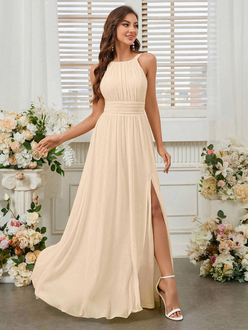 Belle Elegant Light Yellow Summer Chiffon Dress,Boat Neck High Waist Pleated Bridesmaid Dress For - image 7