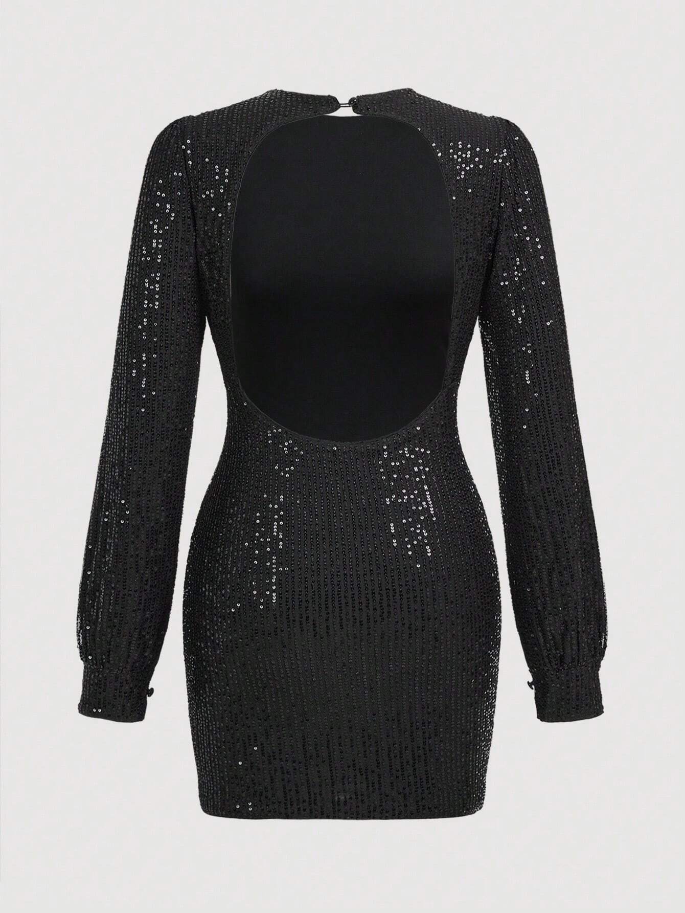 Aloruh Women's Backless Round Neck Bodycon Sequin Long Sleeve Mini Black Dress,Blackness,Autumn,70's,Night - image 7