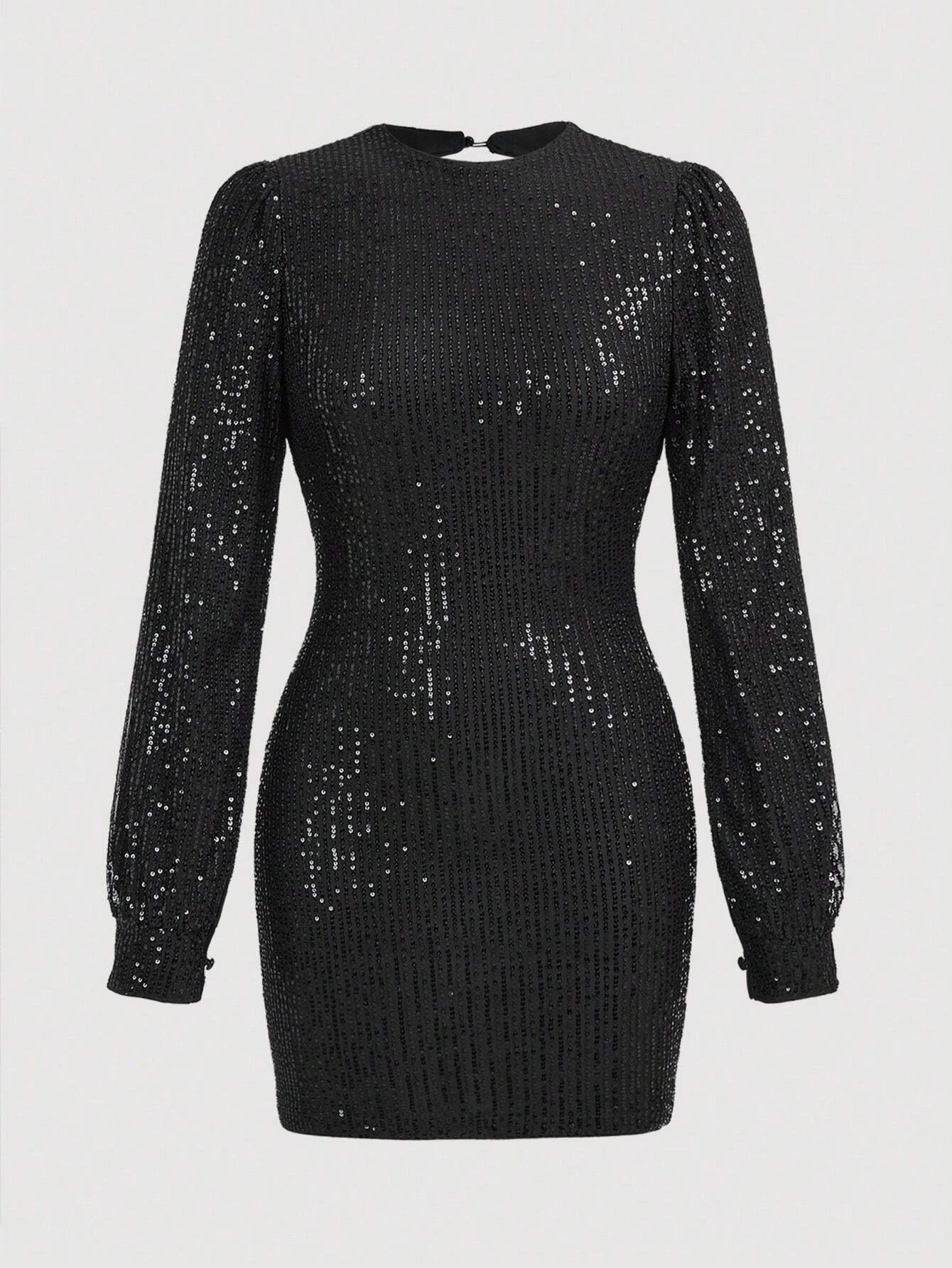Aloruh Women's Backless Round Neck Bodycon Sequin Long Sleeve Mini Black Dress,Blackness,Autumn,70's,Night - image 8