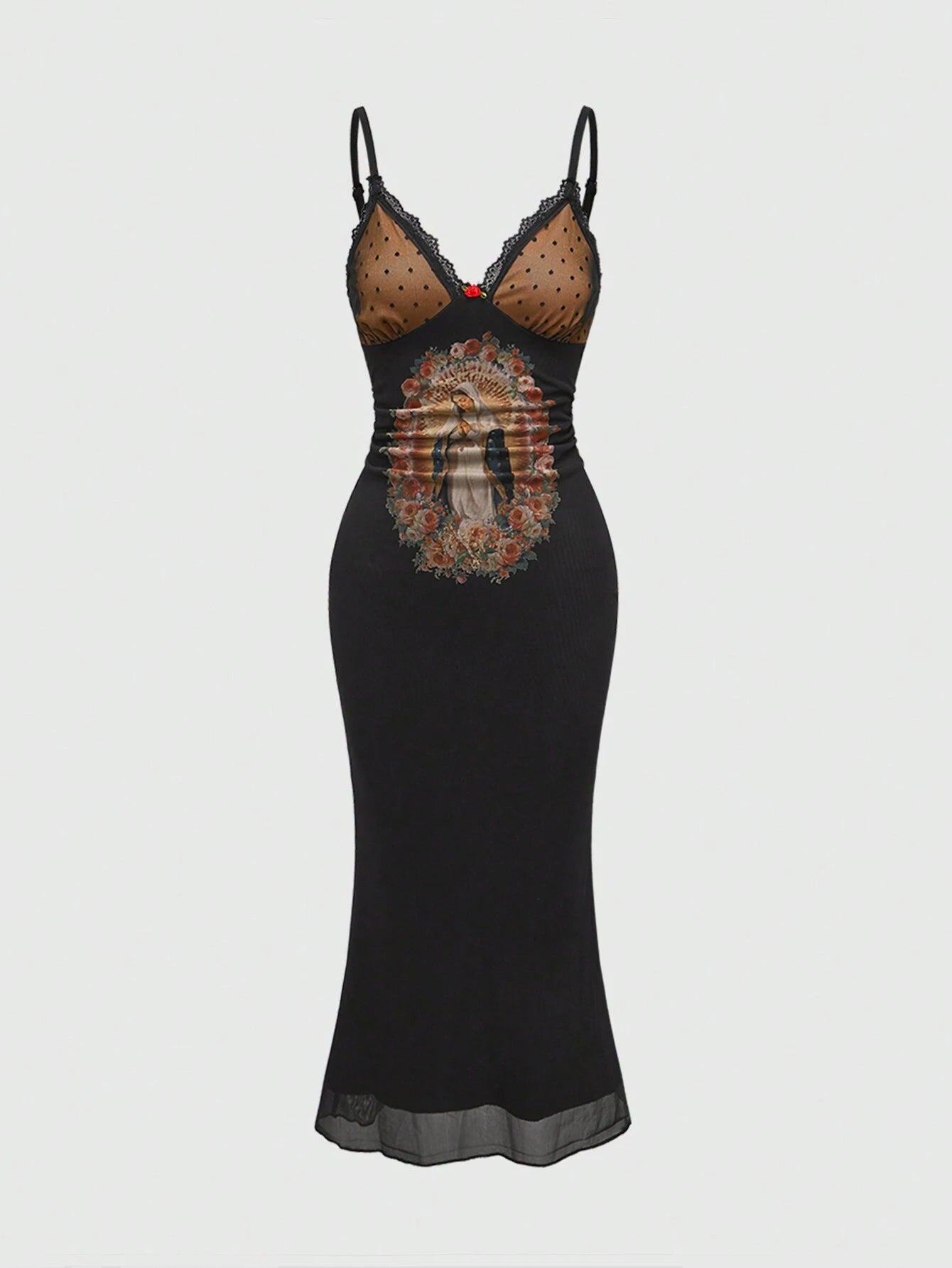Fairycore Spring/Summer Women's Vintage Virgin Mary Print Mesh Dress, For New Year