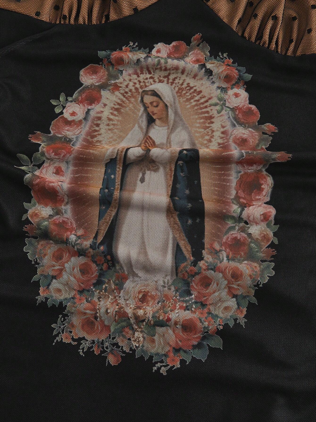 Fairycore Spring/Summer Women's Vintage Virgin Mary Print Mesh Dress, For New Year - image 4