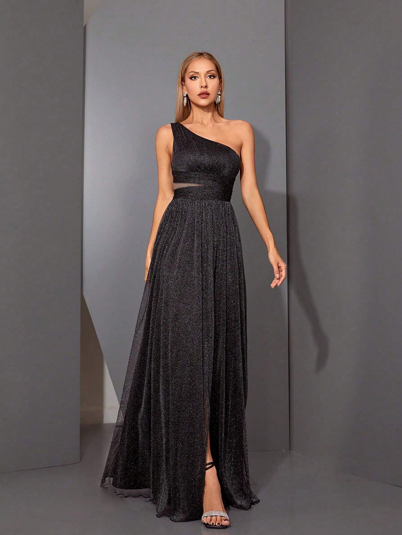 Summer Elegant Brown Glitter Mesh Asymmetrical One-Shoulder Ruched Maxi Evening Gown, High Slit Flowy - image 8
