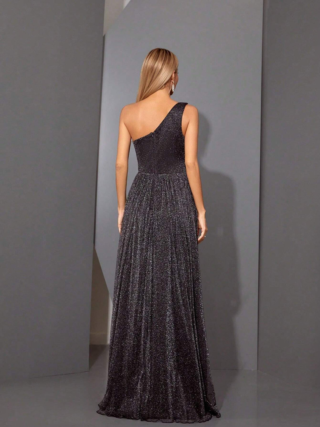 Summer Elegant Brown Glitter Mesh Asymmetrical One-Shoulder Ruched Maxi Evening Gown, High Slit Flowy - image 12