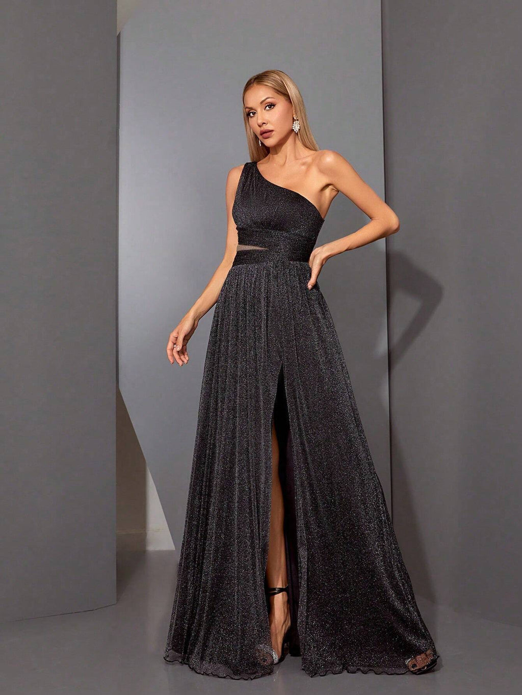 Summer Elegant Brown Glitter Mesh Asymmetrical One-Shoulder Ruched Maxi Evening Gown, High Slit Flowy - image 10