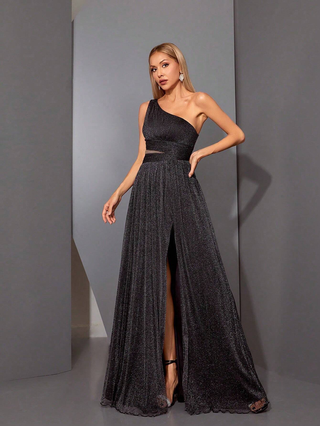 Summer Elegant Brown Glitter Mesh Asymmetrical One-Shoulder Ruched Maxi Evening Gown, High Slit Flowy - image 13