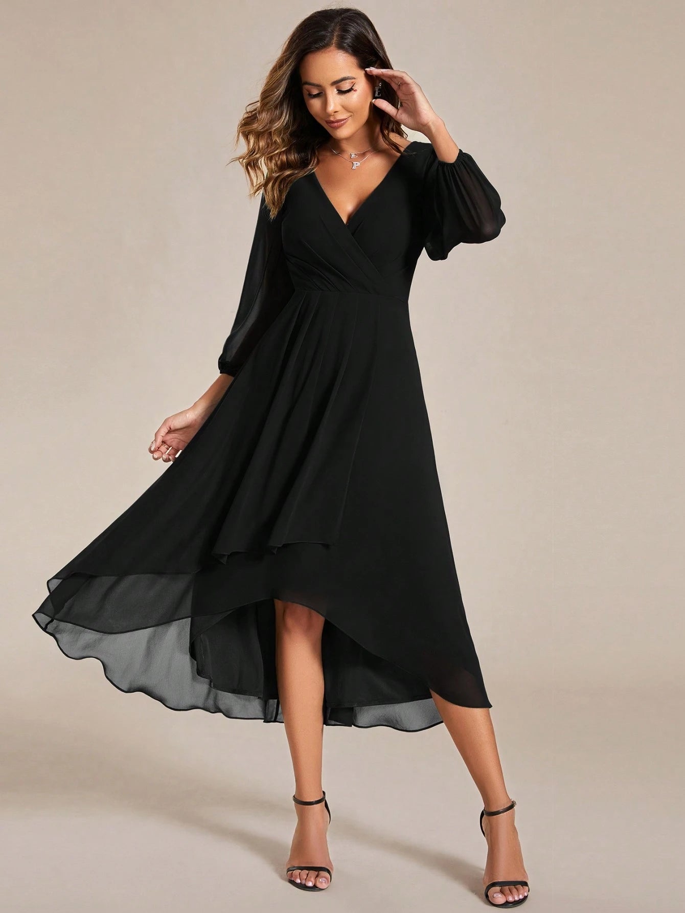 EVERPRETTY Elegant Lantern Sleeve Pleated Chiffon Bridesmaid Dress,