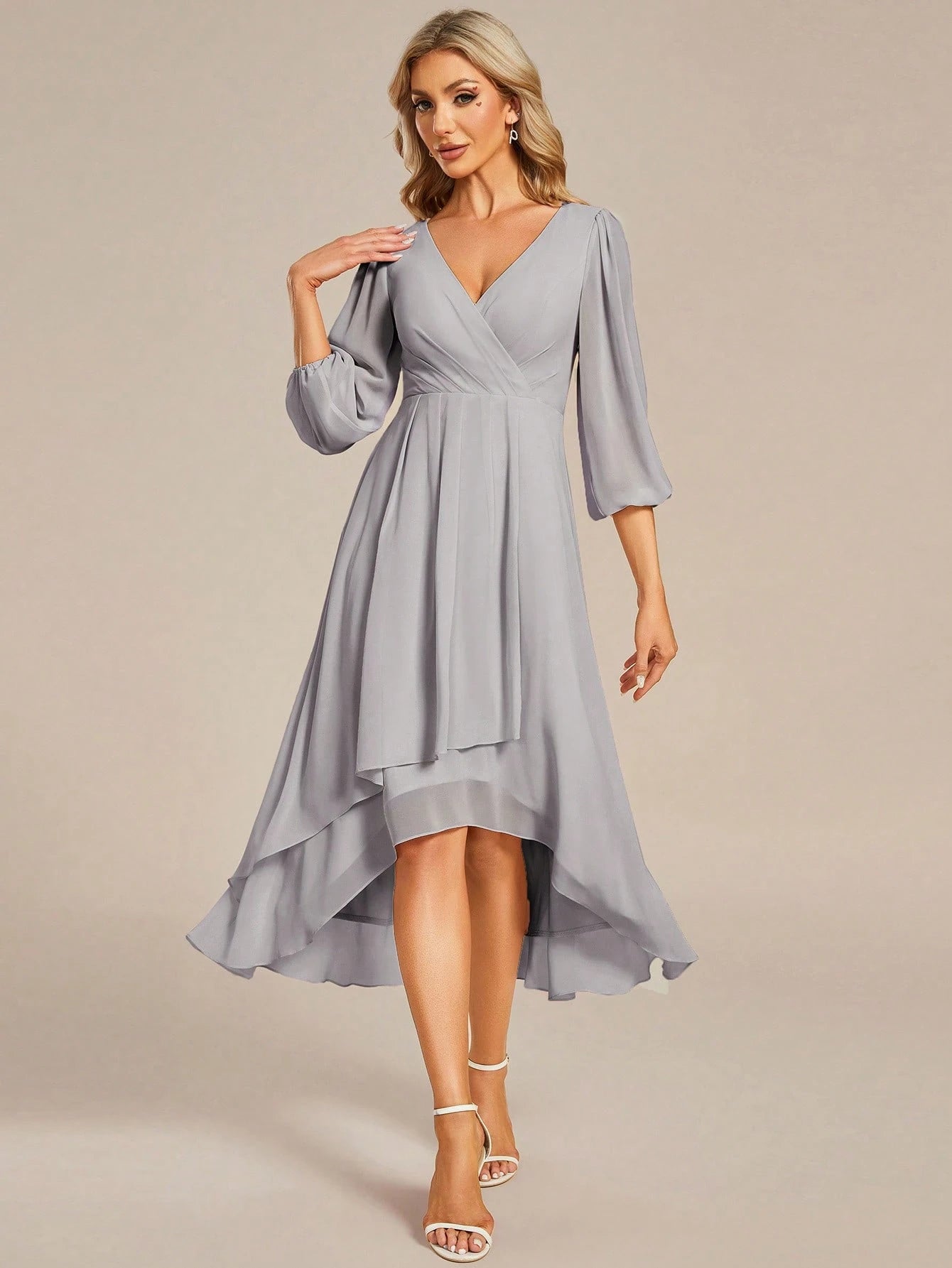 EVERPRETTY Elegant Lantern Sleeve Pleated Chiffon Bridesmaid Dress,