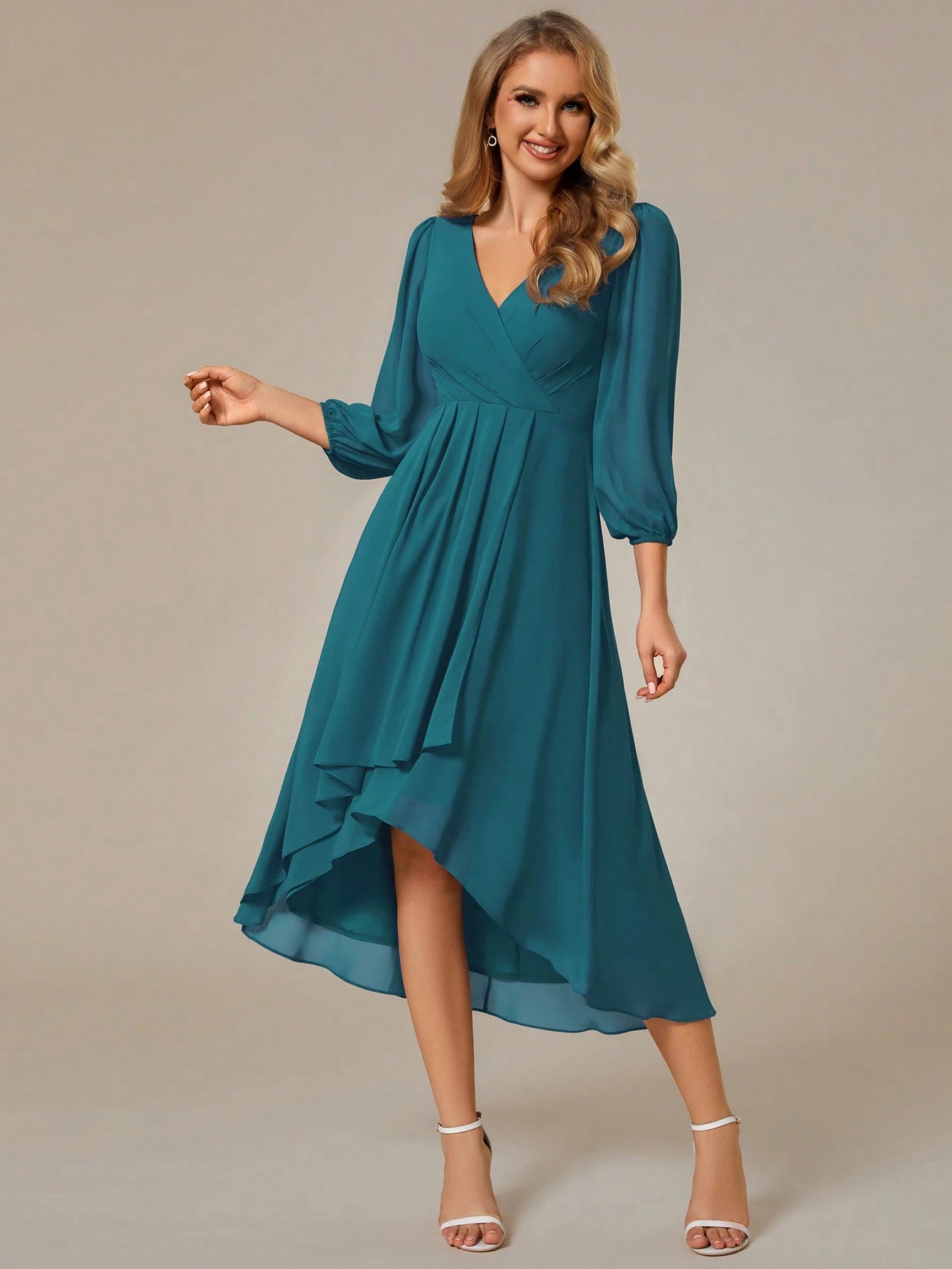 EVERPRETTY Elegant Lantern Sleeve Pleated Chiffon Bridesmaid Dress,