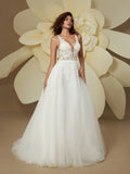 HEARBOBO Elegant V-Neck Backless Luxury 3D Floral Embroidery Wedding Dress White