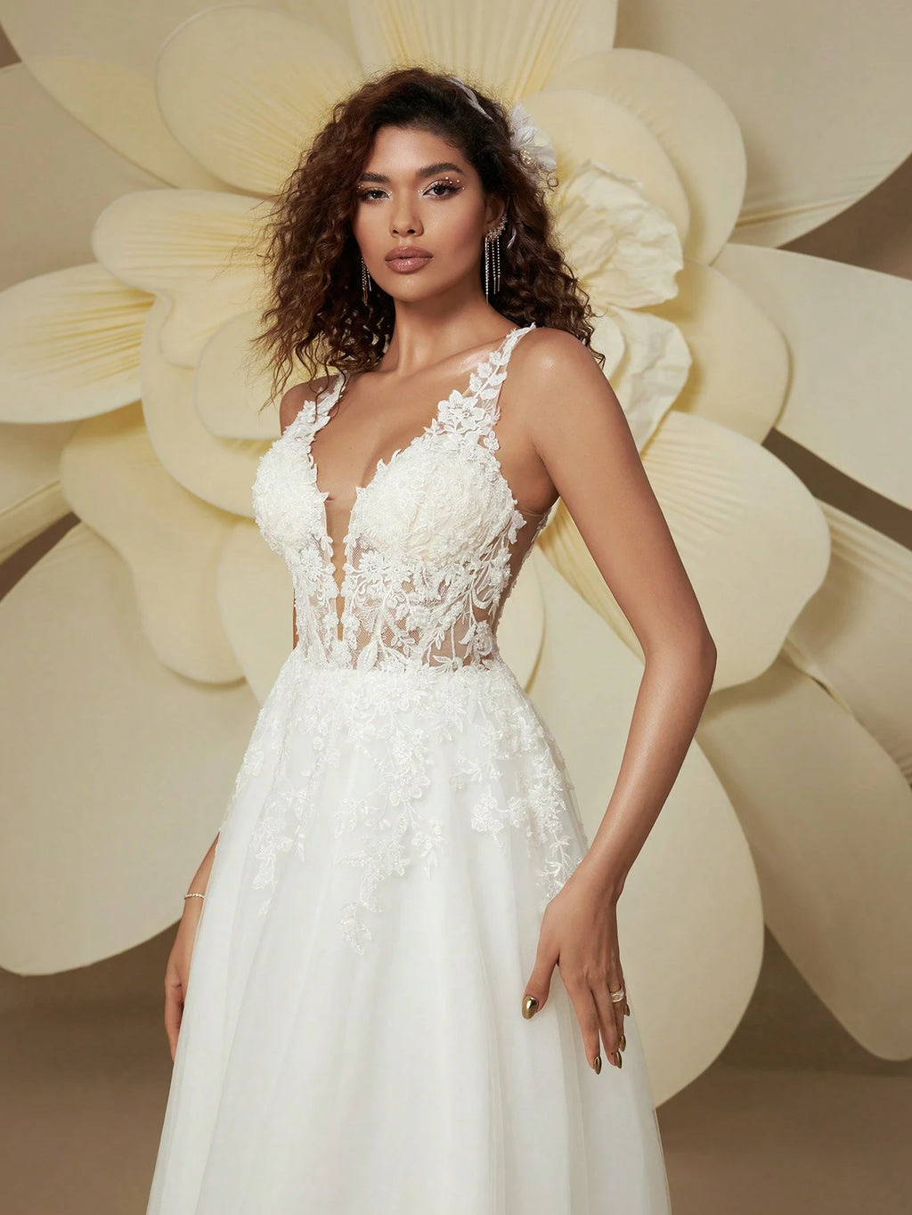 HEARBOBO Elegant V-Neck Backless Luxury 3D Floral Embroidery Wedding Dress White - image 9