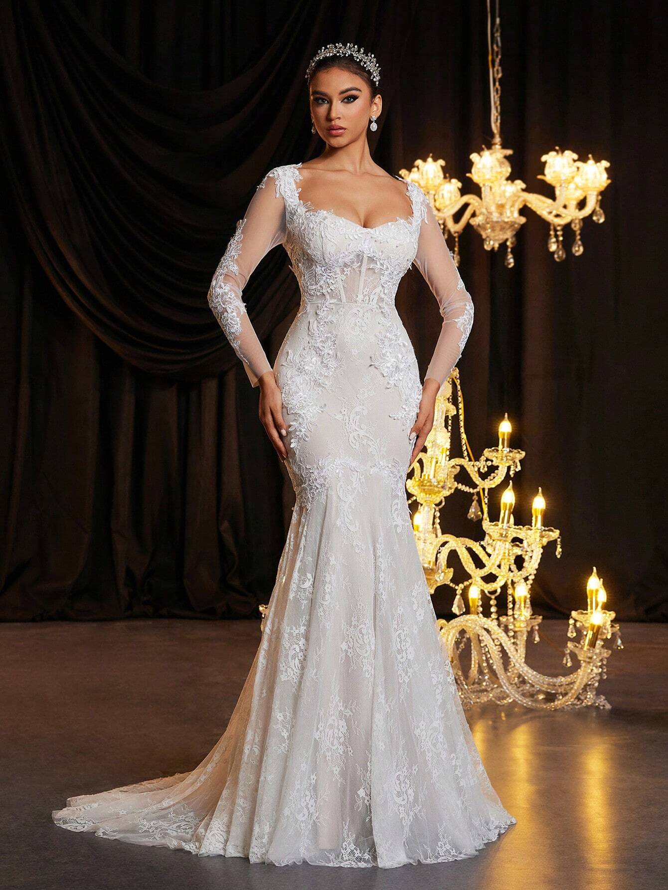 Glamrae Elegant White Summer Wedding Dress,Luxury V-Neck Backless Laced See-Through French Lace Cupped - image 3