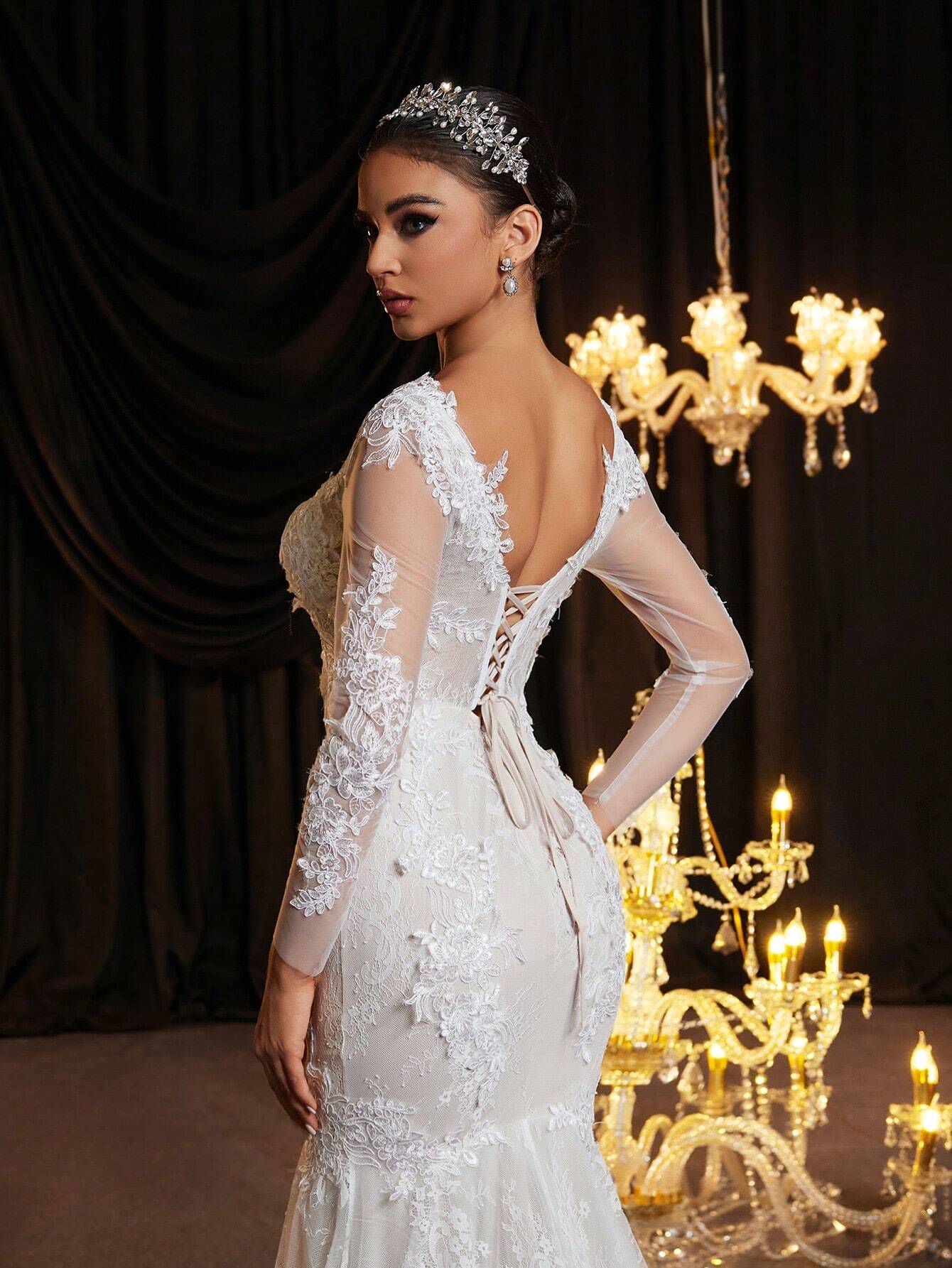 Glamrae Elegant White Summer Wedding Dress,Luxury V-Neck Backless Laced See-Through French Lace Cupped - image 4
