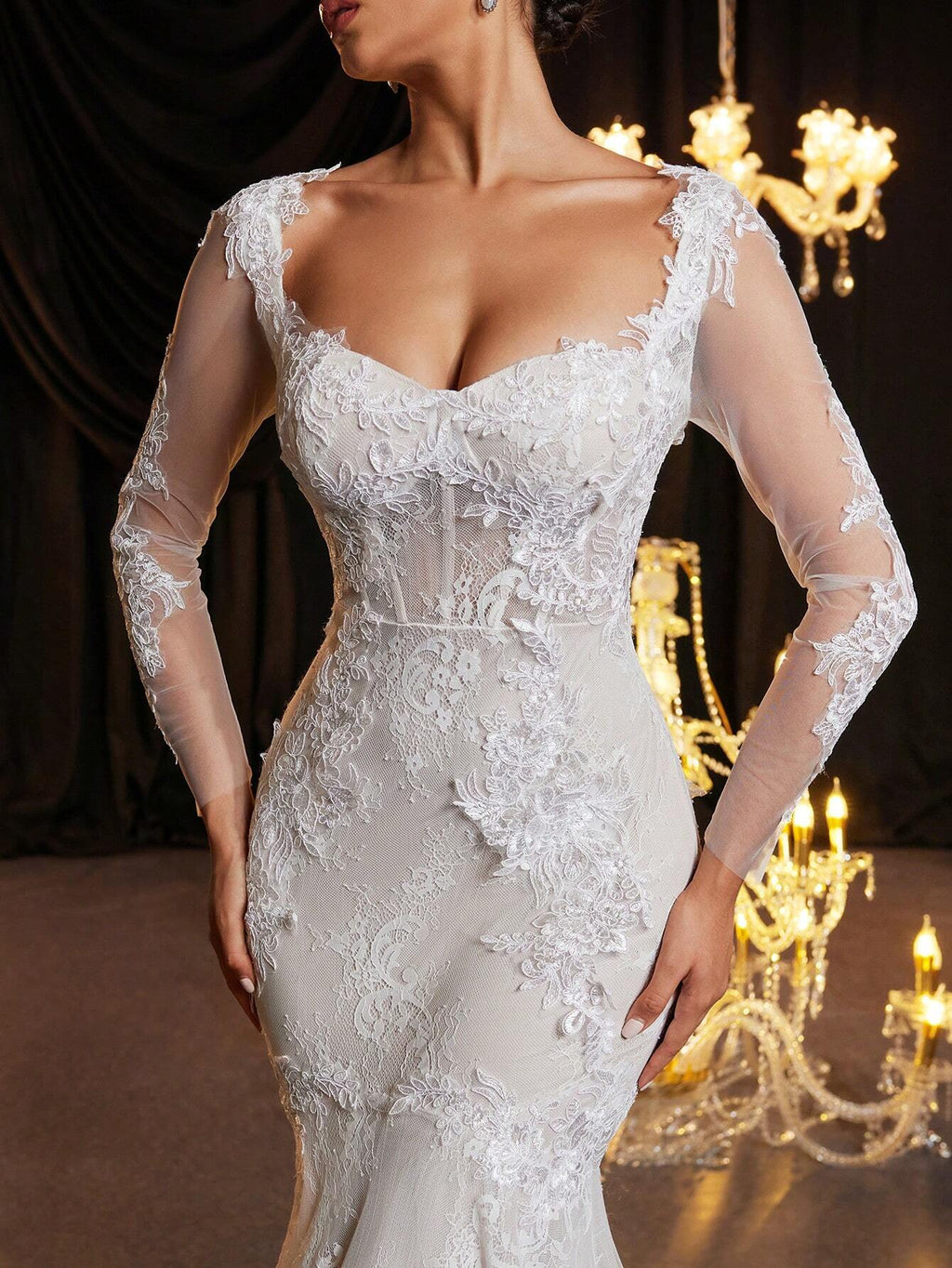 Glamrae Elegant White Summer Wedding Dress,Luxury V-Neck Backless Laced See-Through French Lace Cupped - image 2