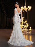 Glamrae Elegant White Summer Wedding Dress,Luxury V-Neck Backless Laced See-Through French Lace Cupped