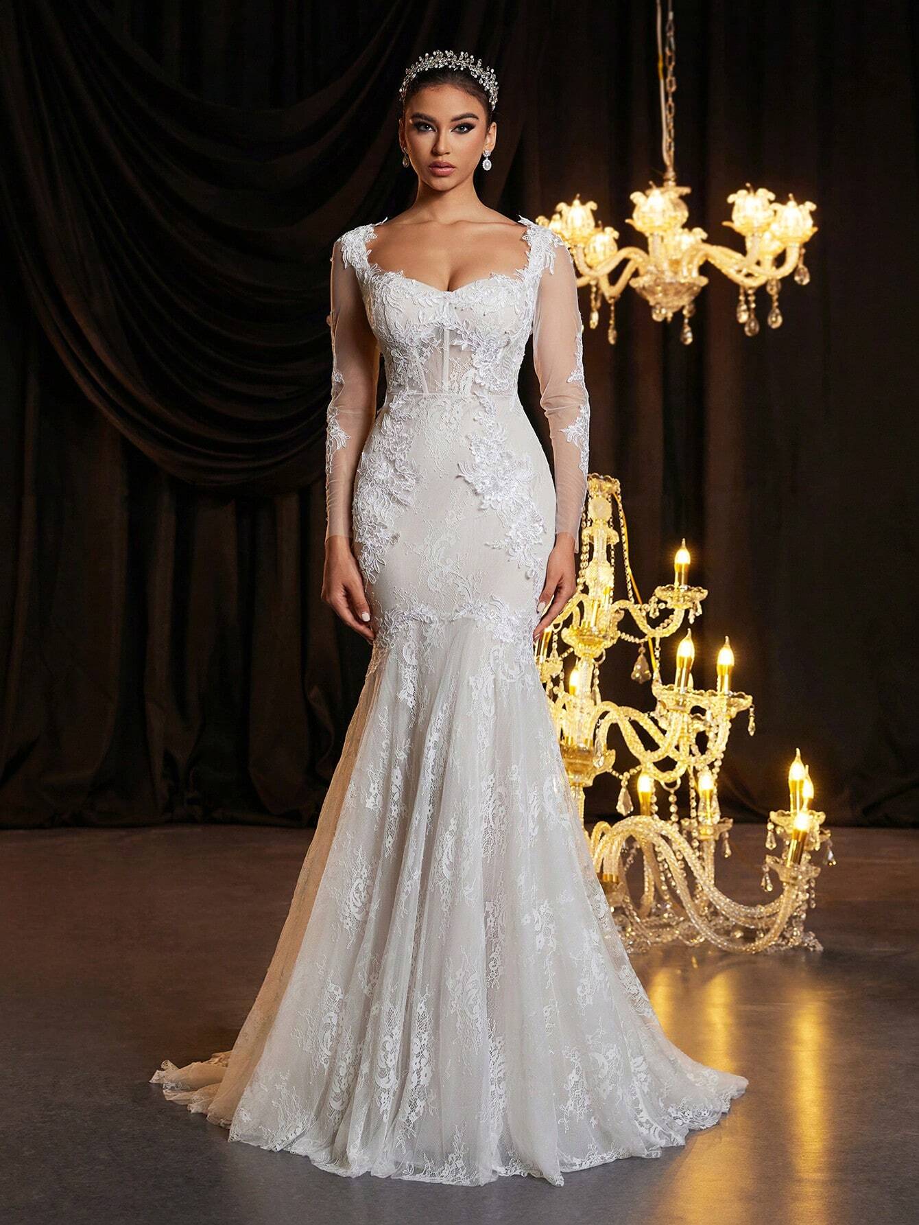 Glamrae Elegant White Summer Wedding Dress,Luxury V-Neck Backless Laced See-Through French Lace Cupped - image 5