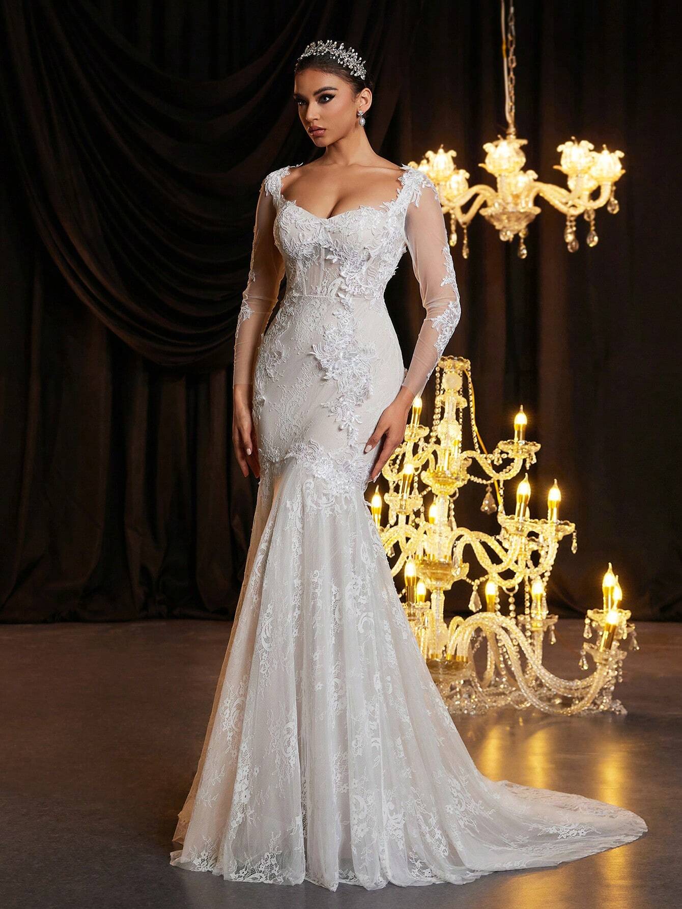 Glamrae Elegant White Summer Wedding Dress,Luxury V-Neck Backless Laced See-Through French Lace Cupped - image 6