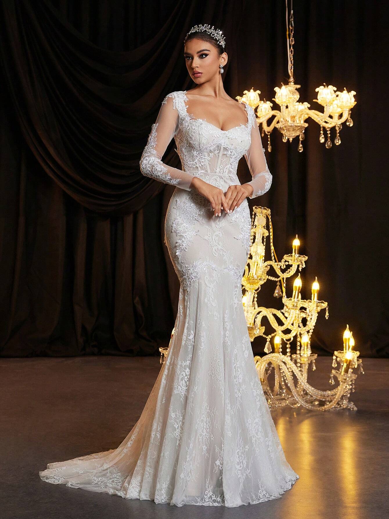 Glamrae Elegant White Summer Wedding Dress,Luxury V-Neck Backless Laced See-Through French Lace Cupped - image 7