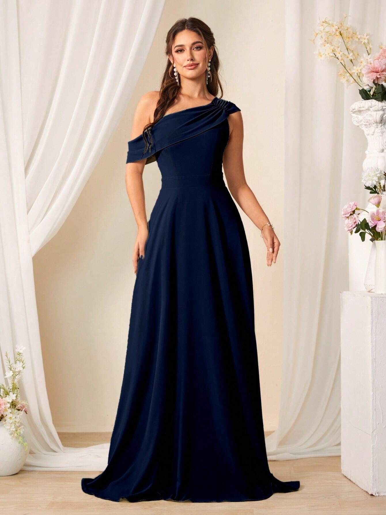 Belle Solid Color Asymmetrical Neckline Bridesmaid Dress Elegant Dress For Christmas - image 9