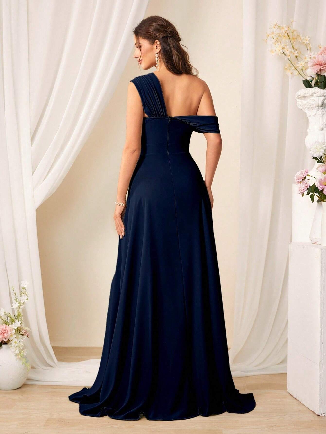 Belle Solid Color Asymmetrical Neckline Bridesmaid Dress Elegant Dress For Christmas - image 10