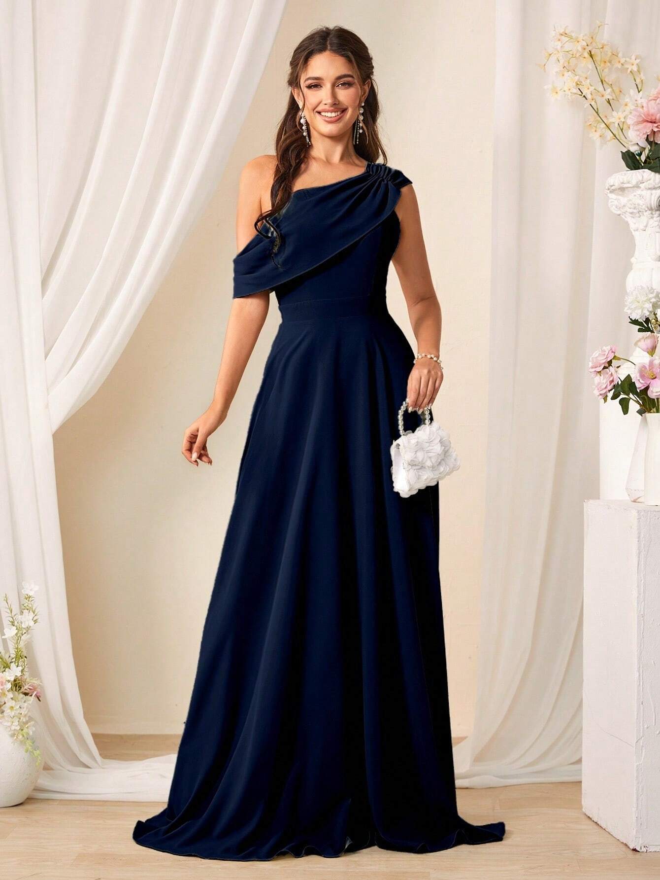 Belle Solid Color Asymmetrical Neckline Bridesmaid Dress Elegant Dress For Christmas - image 11