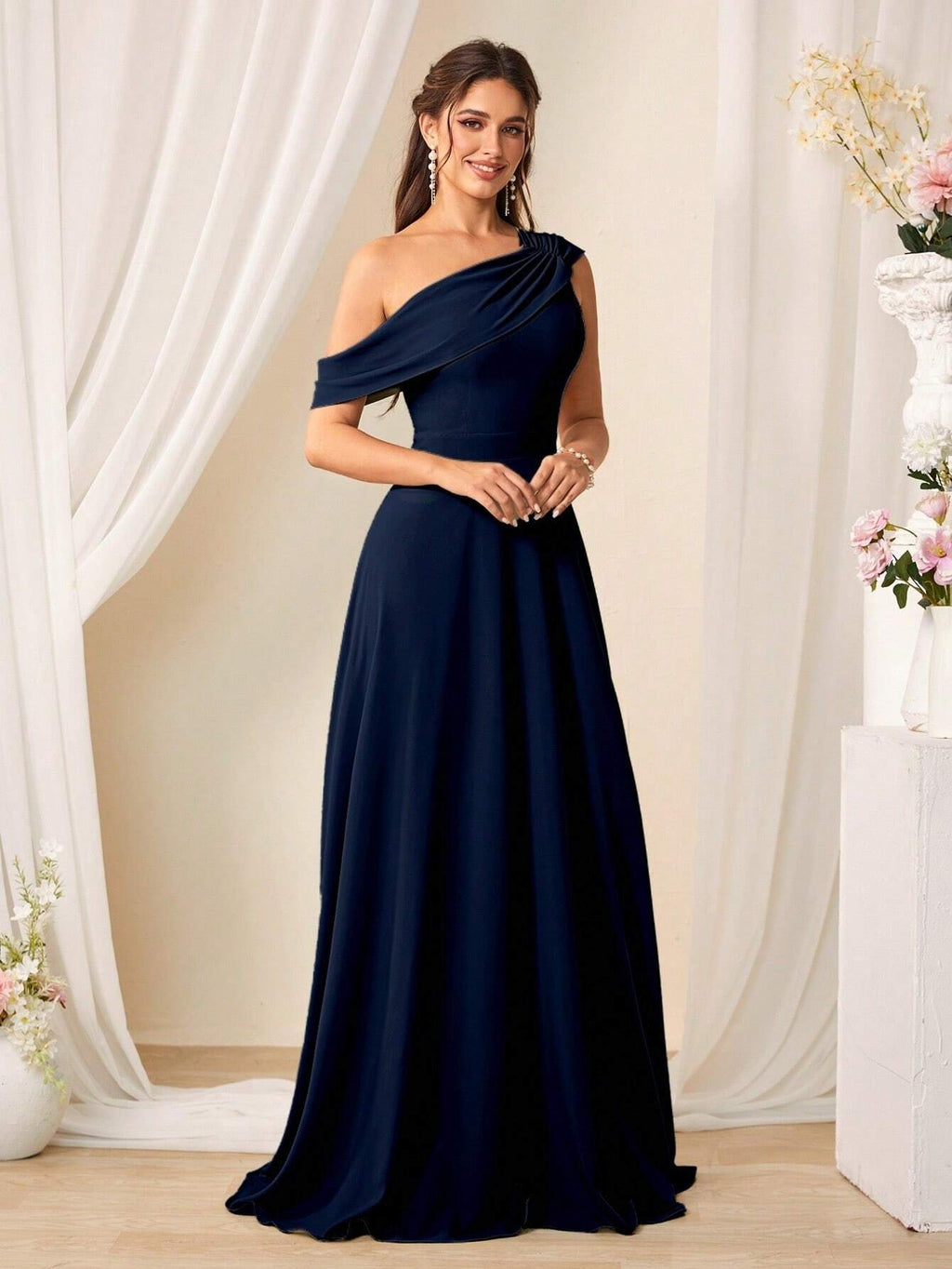 Belle Solid Color Asymmetrical Neckline Bridesmaid Dress Elegant Dress For Christmas - image 12