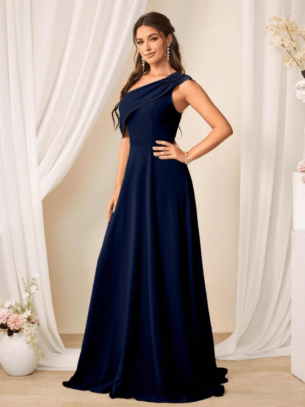 Belle Solid Color Asymmetrical Neckline Bridesmaid Dress Elegant Dress For Christmas - image 13