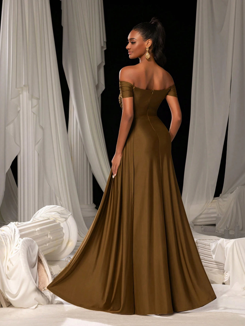 Faeriesty Elegant Pleated Design Maxi Bridesmaid Dress, Slit Hem, Knit Fabric Suitable For Parties And Formal - image 10
