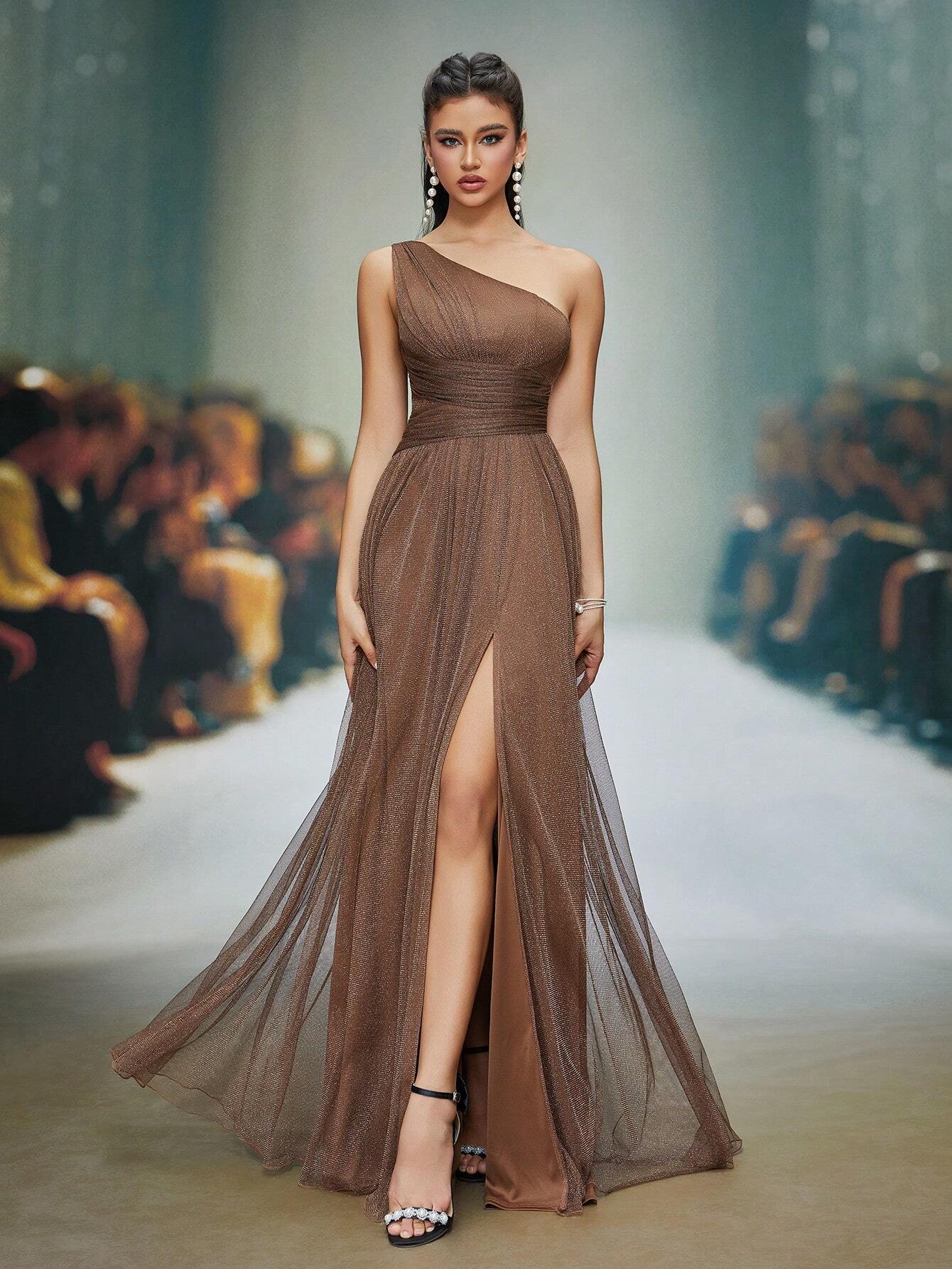 Summer Elegant Brown Glitter Mesh Asymmetrical One-Shoulder Ruched