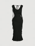 MOD Elegant Sexy Red Summer Party Night Out Date Night Dress For Women,Cowl Neck Ruched Bodycon
