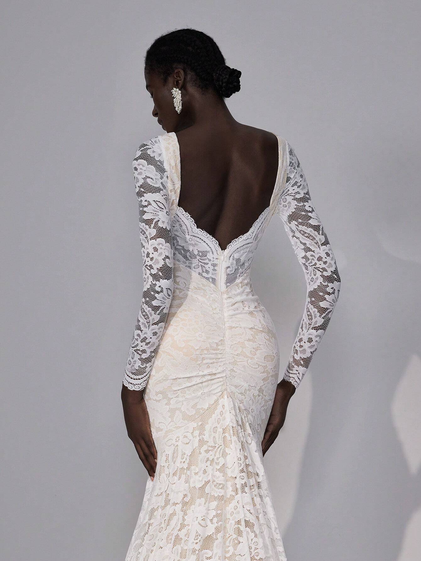 Elitara Elegant White Summer Wedding Dress,Luxurious V-Neck Stretch Lace Backless Engagement Bridal