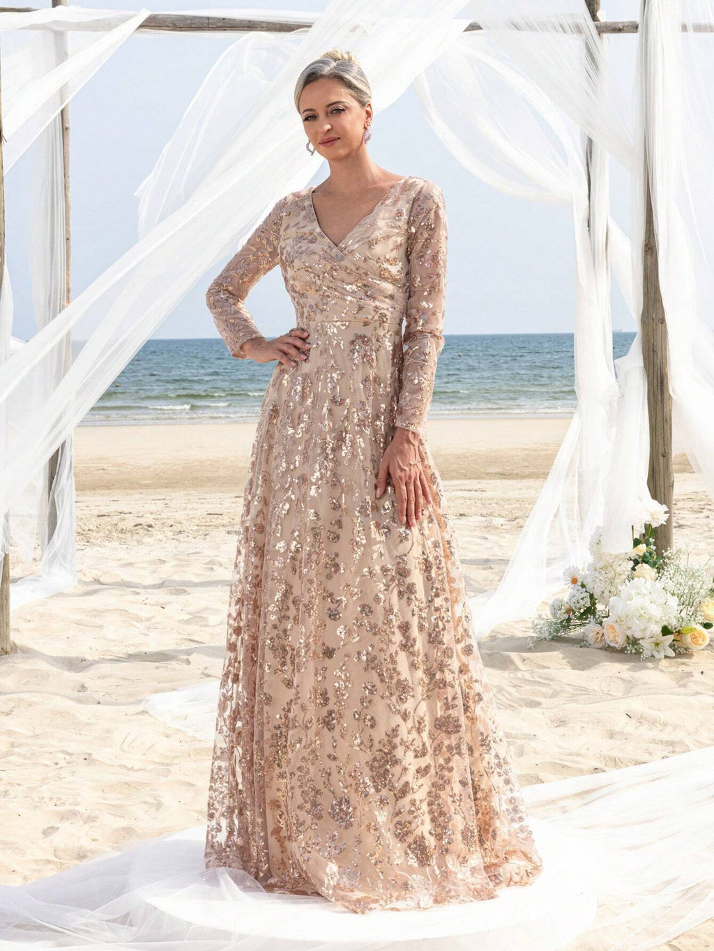 Faeriesty Mosy Elegant Floral Sequin Cross Neck Mother Of The Bride Formal Dress - image 6