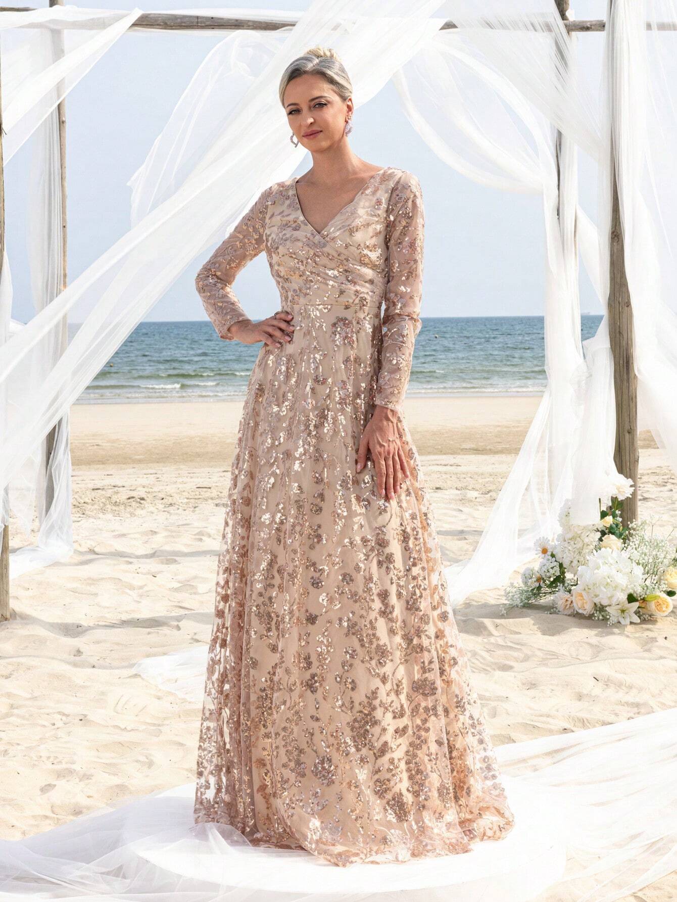 Faeriesty Mosy Elegant Floral Sequin Cross Neck Mother Of The Bride Formal Dress - image 6