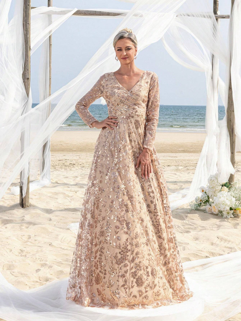 Faeriesty Mosy Elegant Floral Sequin Cross Neck Mother Of The Bride Formal Dress