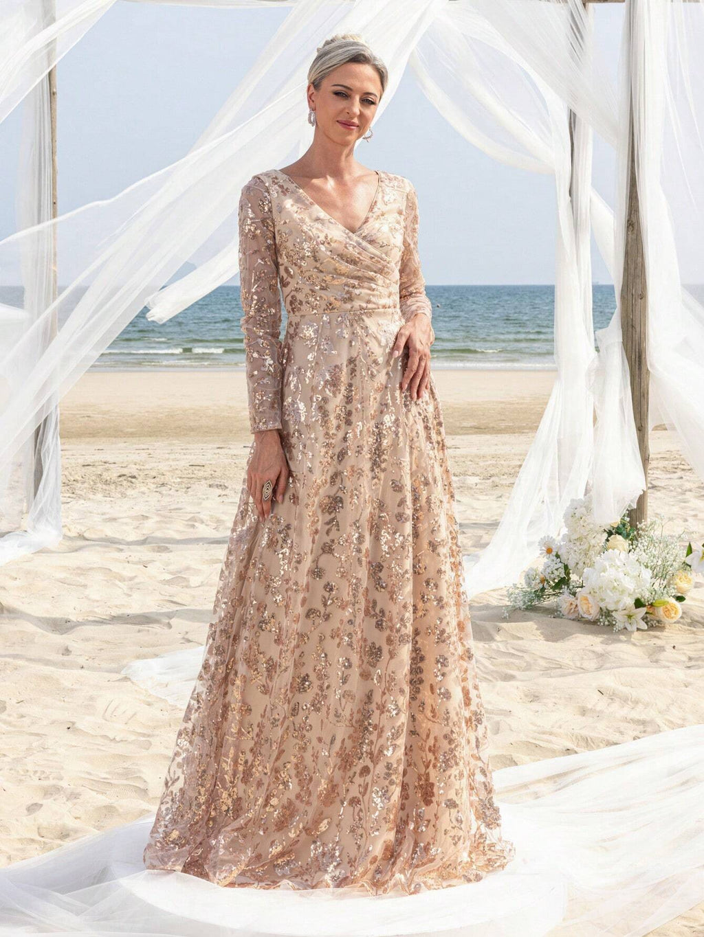 Faeriesty Mosy Elegant Floral Sequin Cross Neck Mother Of The Bride Formal Dress - image 4