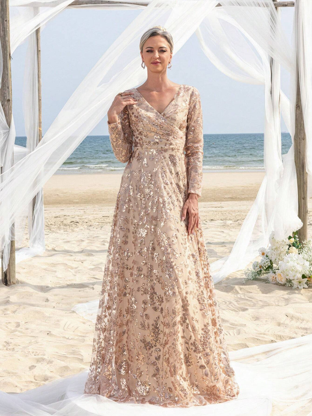 Faeriesty Mosy Elegant Floral Sequin Cross Neck Mother Of The Bride Formal Dress - image 5