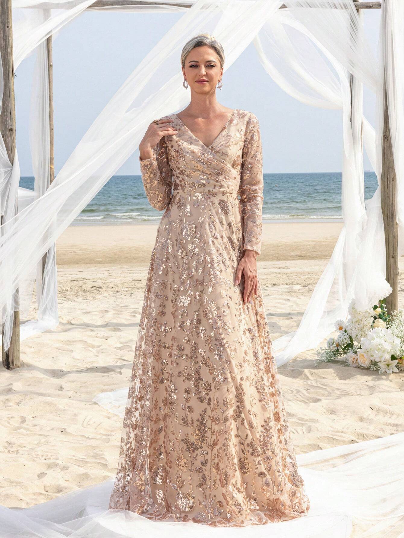 Faeriesty Mosy Elegant Floral Sequin Cross Neck Mother Of The Bride Formal Dress - image 5