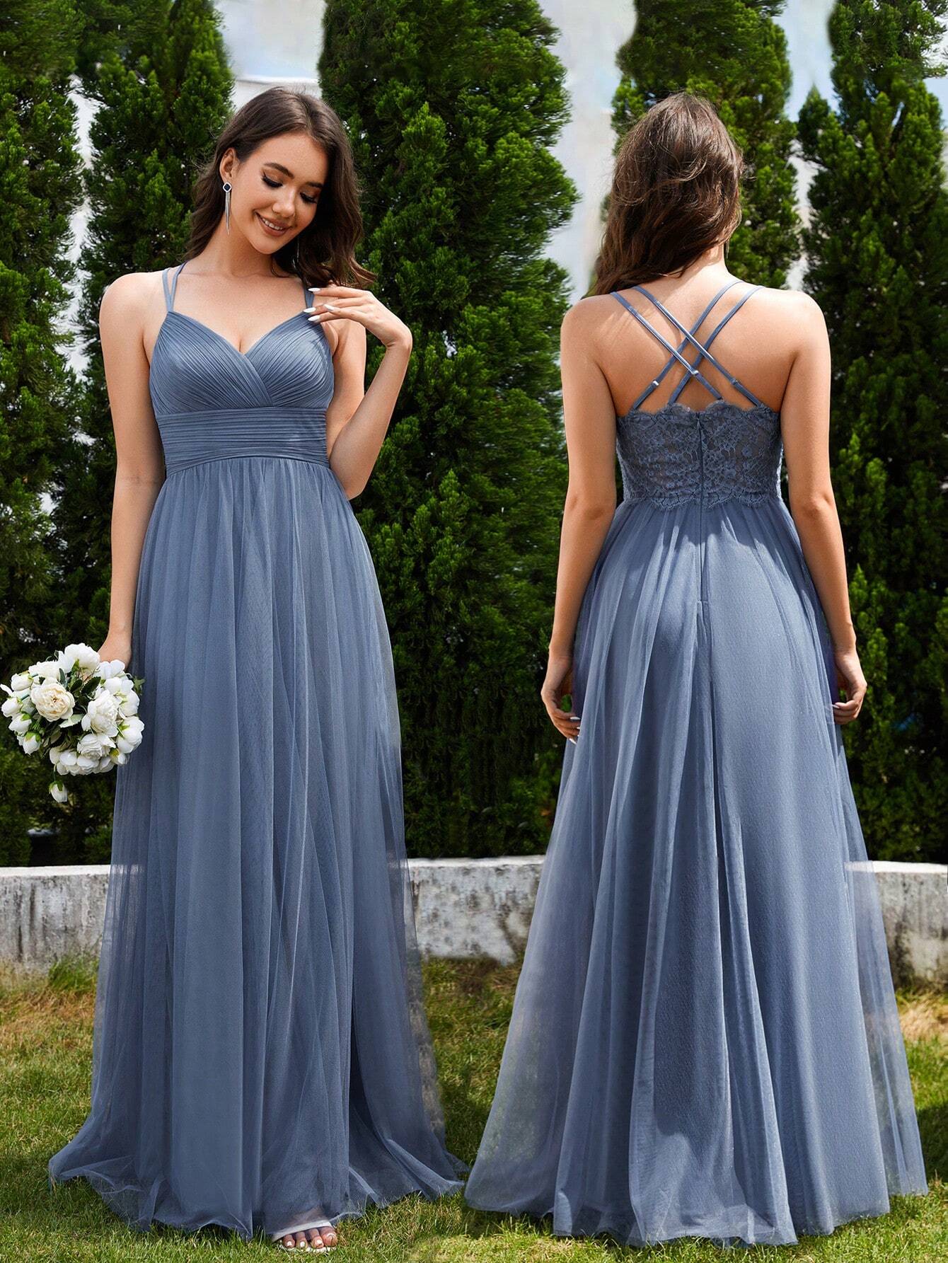 EVERPRETTY Elegant Lace Contrast Mesh Backless Pink Bridesmaid Dress, Suitable For Spring/Summer Weddings, - image 9