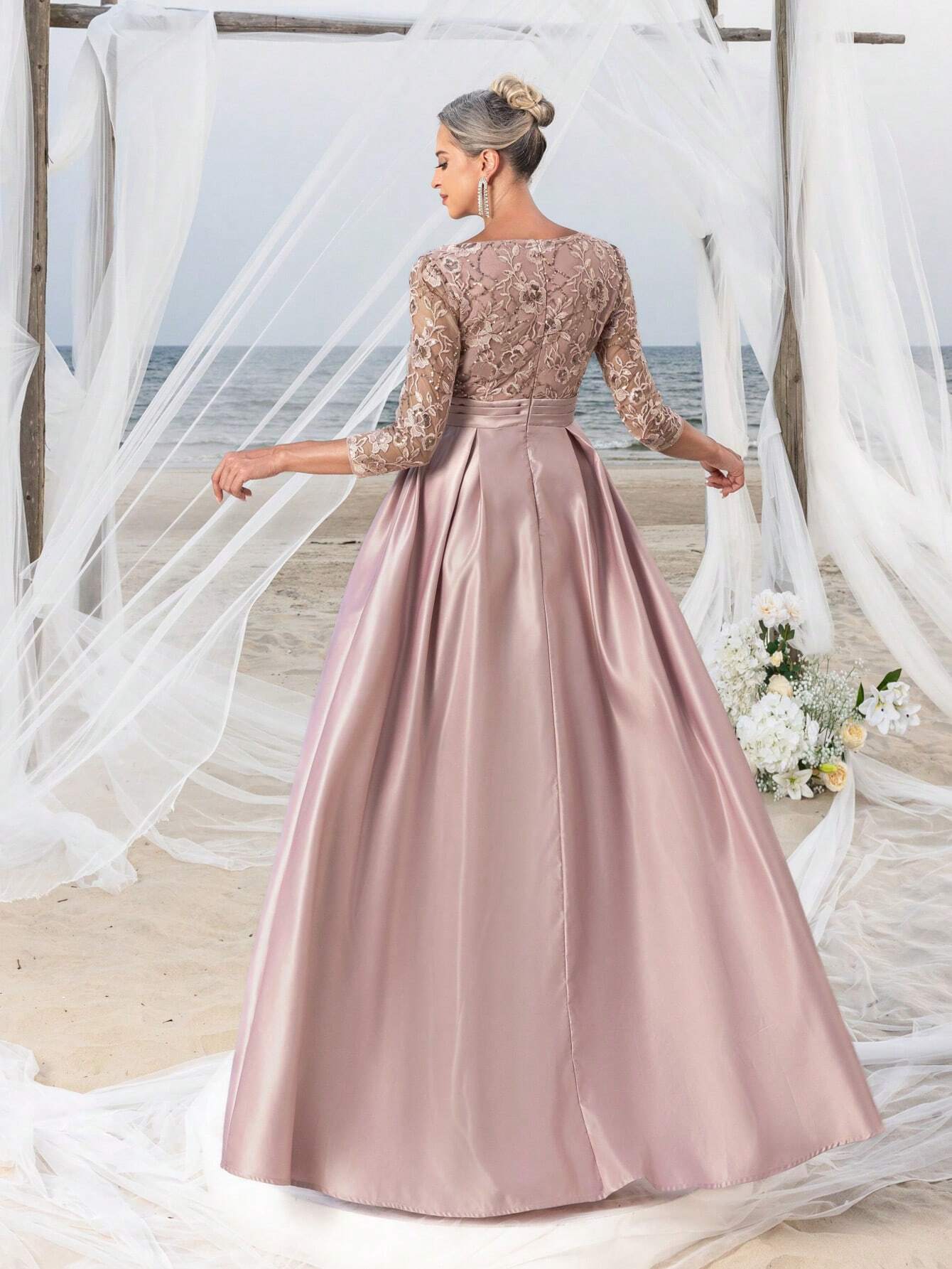 Faeriesty This Mosy Brand V-Neck 3/4 Sleeve A-Line Skirt Wedding Guest Dress Features A Lace Bodice And Satin - image 2