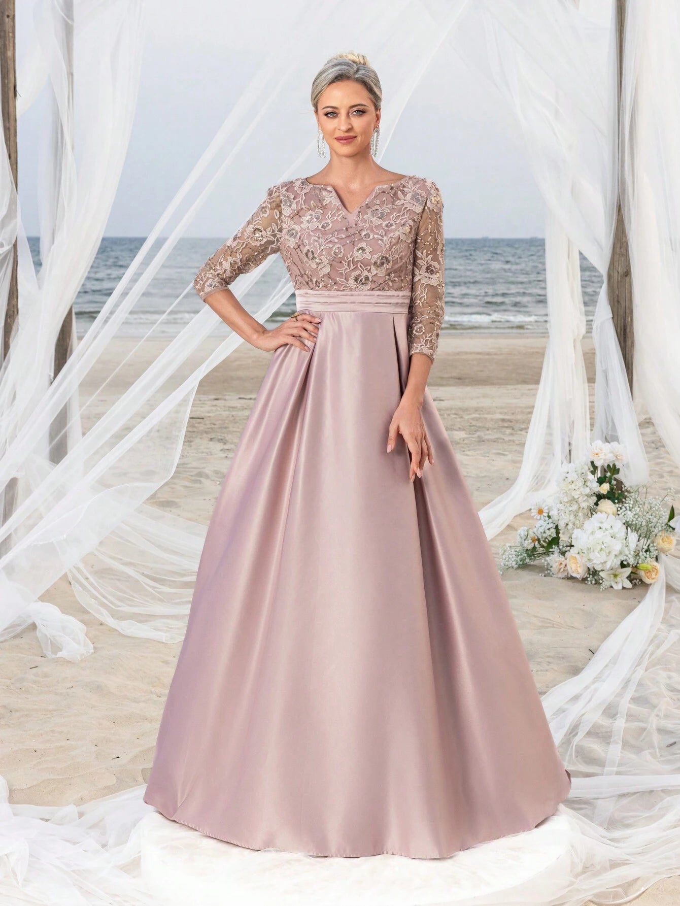 Faeriesty This Mosy Brand V-Neck 3/4 Sleeve A-Line Skirt Wedding Guest Dress Features A Lace Bodice And Satin - image 6