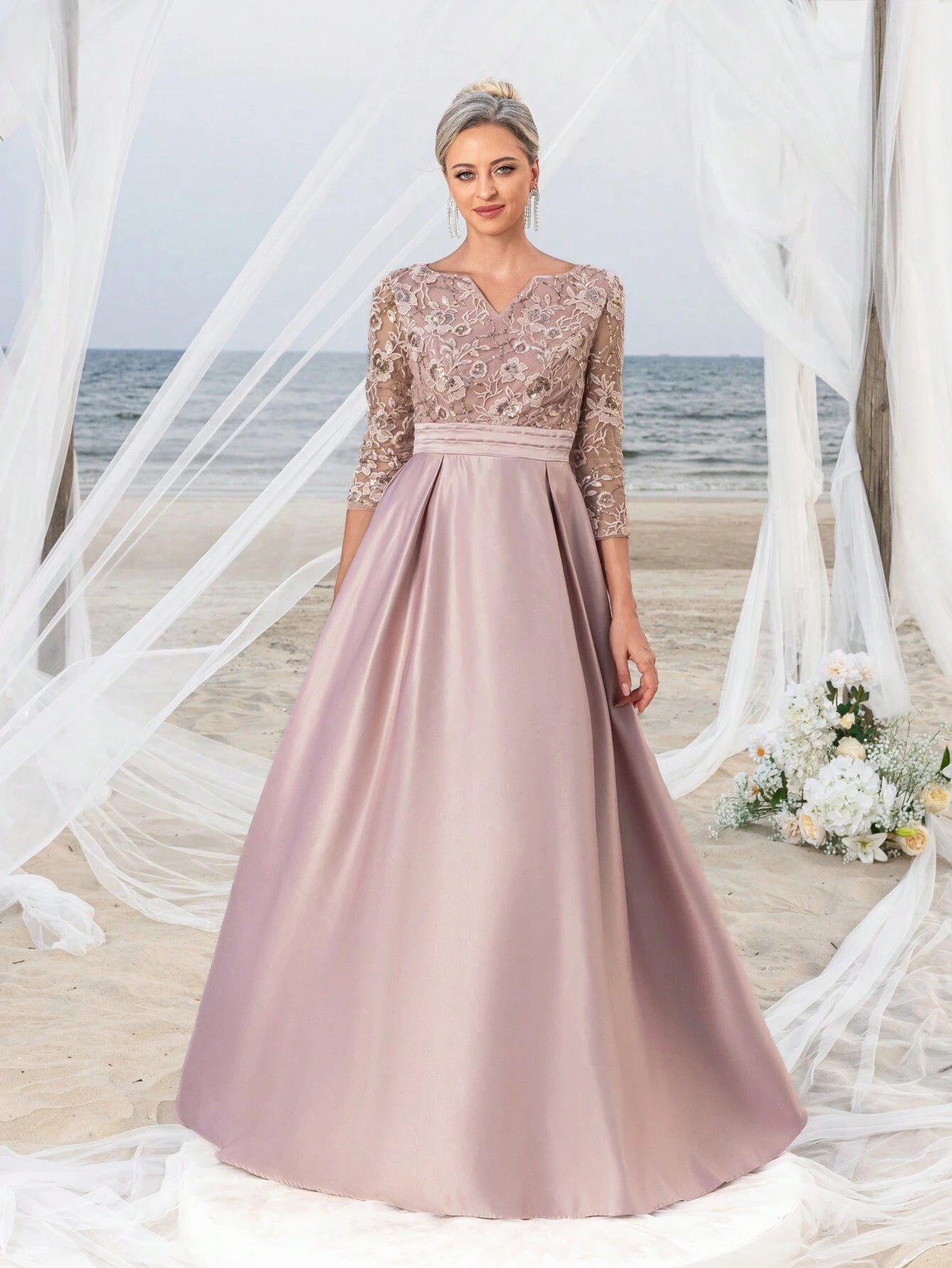 Faeriesty This Mosy Brand V-Neck 3/4 Sleeve A-Line Skirt Wedding Guest Dress Features A Lace Bodice And Satin - image 5