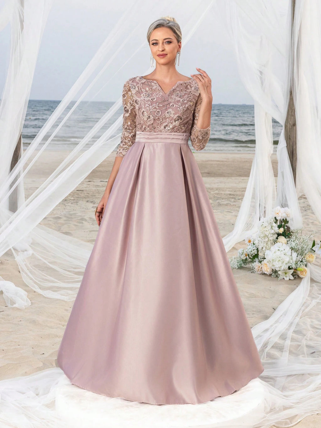 Faeriesty This Mosy Brand V-Neck 3/4 Sleeve A-Line Skirt Wedding Guest Dress Features A Lace Bodice And Satin