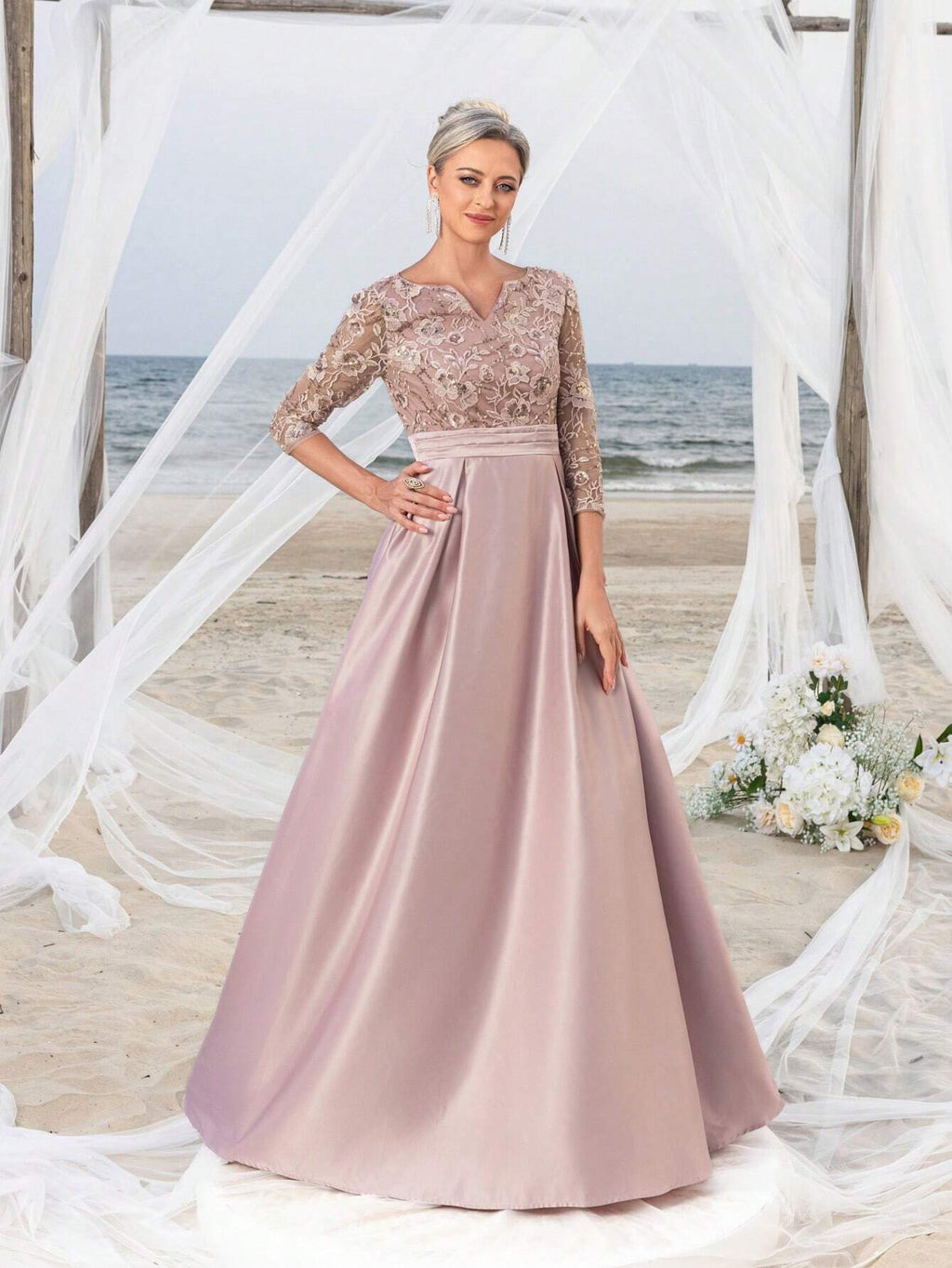 Faeriesty This Mosy Brand V-Neck 3/4 Sleeve A-Line Skirt Wedding Guest Dress Features A Lace Bodice And Satin - image 3