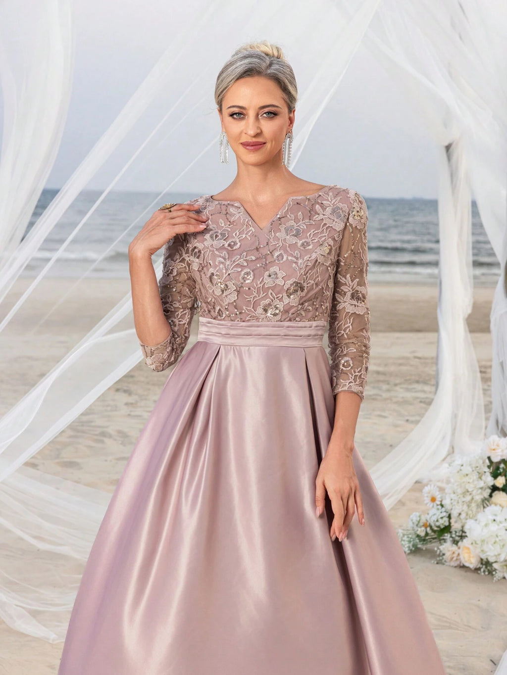 Faeriesty This Mosy Brand V-Neck 3/4 Sleeve A-Line Skirt Wedding Guest Dress Features A Lace Bodice And Satin - image 7