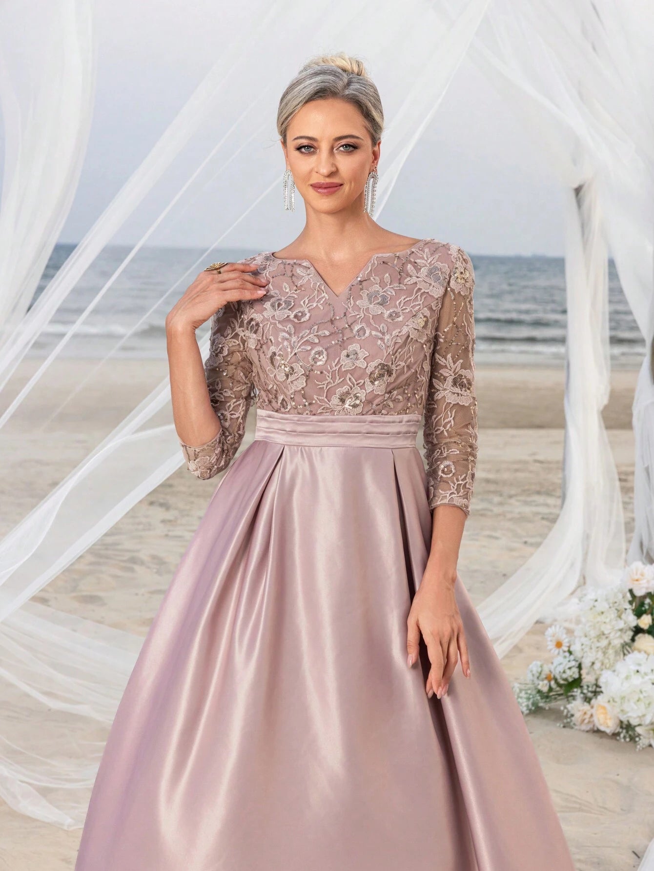 Faeriesty This Mosy Brand V-Neck 3/4 Sleeve A-Line Skirt Wedding Guest Dress Features A Lace Bodice And Satin - image 7