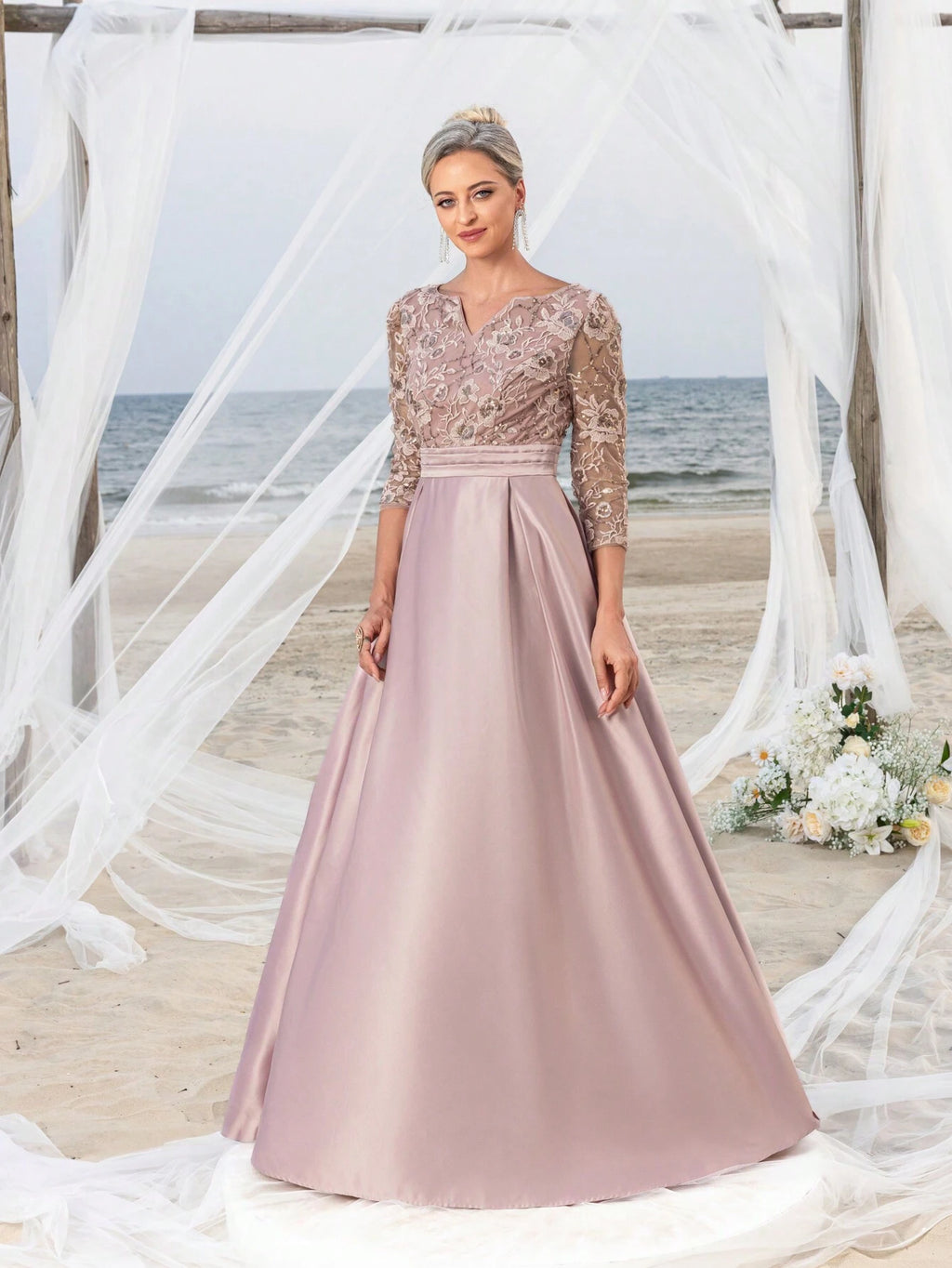 Faeriesty This Mosy Brand V-Neck 3/4 Sleeve A-Line Skirt Wedding Guest Dress Features A Lace Bodice And Satin - image 4