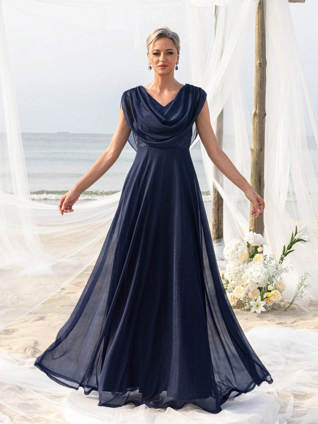 Elegant Pleated Collar Dress For Bride's Mother, Suitable For Beach Bachelorette Party, Beach Wedding Gown, - image 3