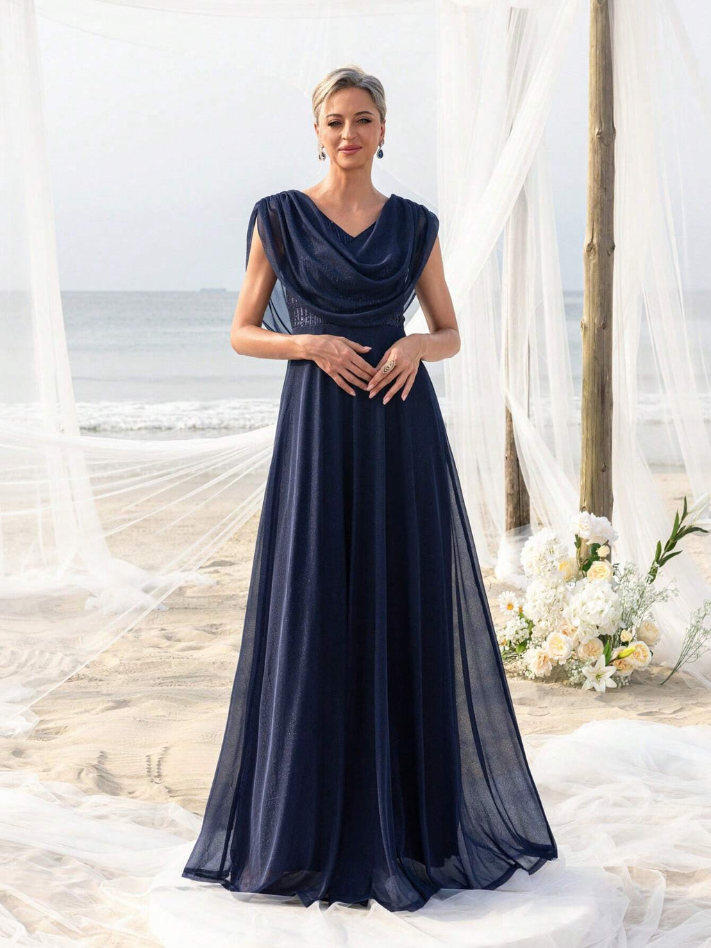 Elegant Pleated Collar Dress For Bride's Mother, Suitable For Beach Bachelorette Party, Beach Wedding Gown, - image 5