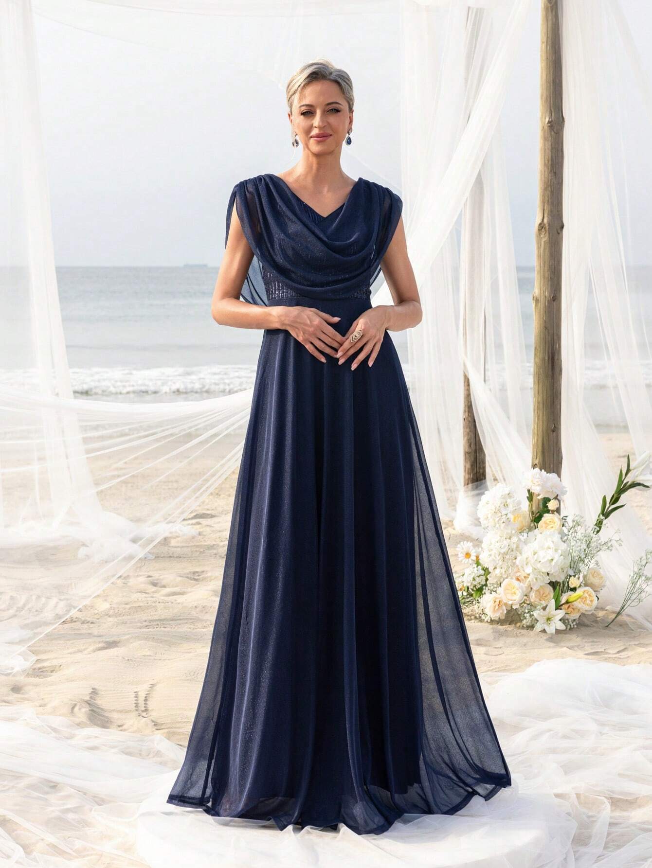 Elegant Pleated Collar Dress For Bride's Mother, Suitable For Beach Bachelorette Party, Beach Wedding Gown, - image 5