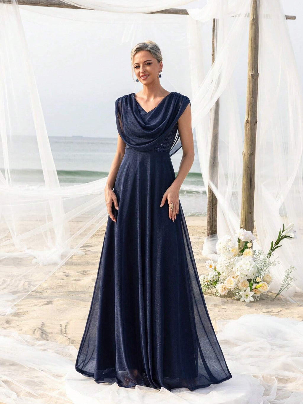 Elegant Pleated Collar Dress For Bride's Mother, Suitable For Beach Bachelorette Party, Beach Wedding Gown,
